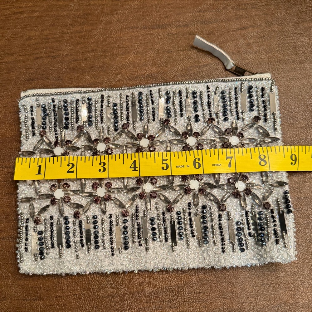 Anthropologie Silver Beaded Crystal Floral Zipper Pouch/ Bag - Picture 4 of 6